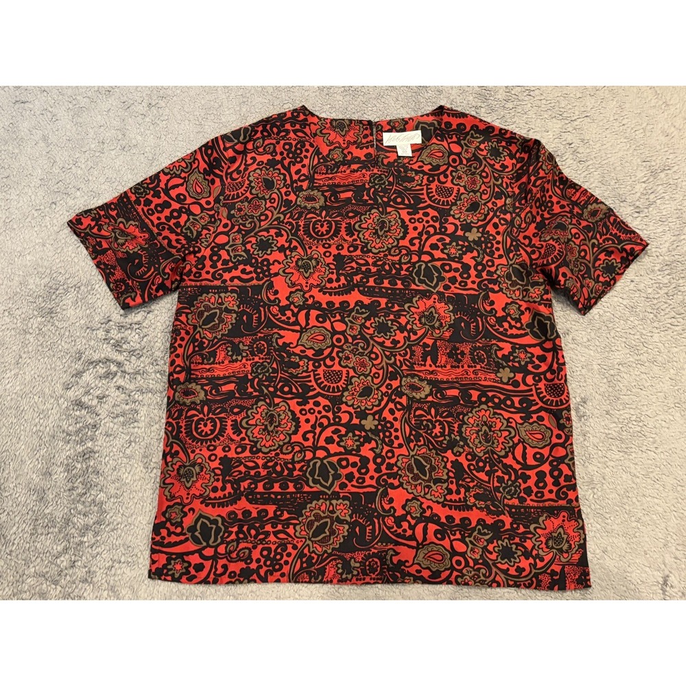 Vintage Lord and Taylor Silk Blouse Womens 10 Red Paisley Short Sleeve Top